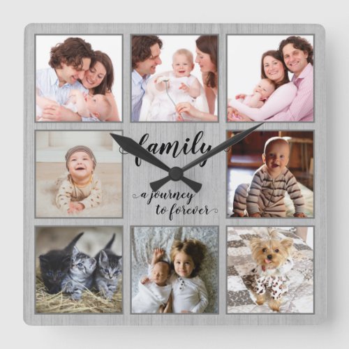 Family Journey to Forever Rustic Photo Collage Square Wall Clock