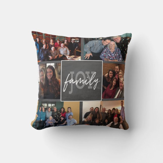 Family Joy 6 Photo Handlettered Chalkboard Trendy Throw Pillow (Front)