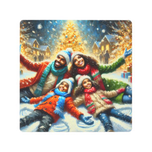 "Family Joy: Snow Angels by the Christmas Tree Metal Print