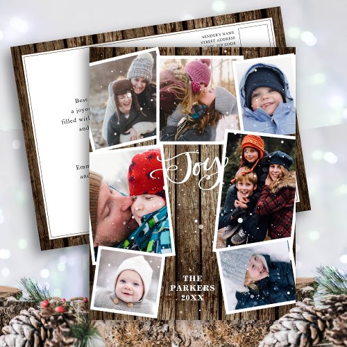 FAMILY JOY  Snow  Vintage Wood 7 Photo Collage Holiday Postcard