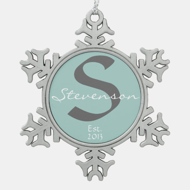 Family Keepsake Ornament, Name, Year, Gray on Blue Snowflake Pewter Christmas Ornament (Front)