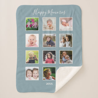 Family Kids Multi 12 Photo Collage Slate Blue Sherpa Blanket
