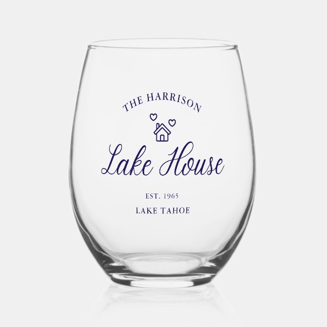 Family Lake House Coastal Custom Decor Stemless Wine Glass (Front)