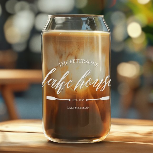 Family Lake House Coastal Nautical Navy Blue Oar Can Glass (Custom Can Glass Lake House  Family Vacation Rental Lake Life Rustic Elegant Modern)