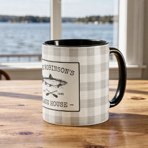 Family Lake House Fish Oars Rustic White Plaid Mug