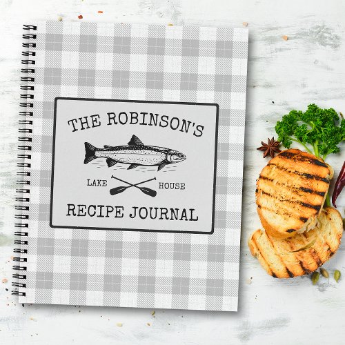 Family Lake House Fish Oars White Plaid Recipe Notebook