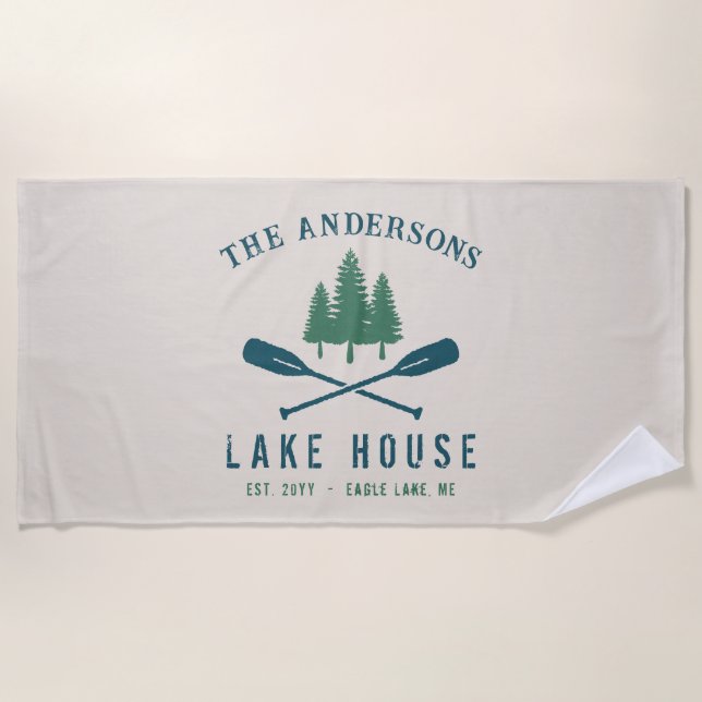 Family Lake House Modern Rustic Boat Oar Pine Tree Beach Towel (Front)