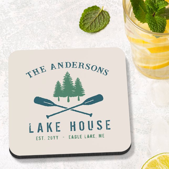 Family Lake House Modern Rustic Boat Oar Pine Tree Beverage Coaster (Creator Uploaded)