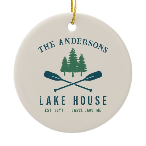 Family Lake House Modern Rustic Boat Oar Pine Tree Ceramic Ornament