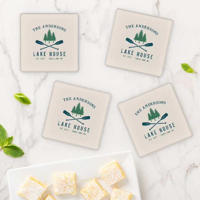 Family Lake House Modern Rustic Boat Oar Pine Tree Coaster Set (In Situ)