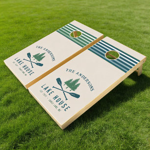 Family Lake House Modern Rustic Boat Oar Pine Tree Cornhole Set