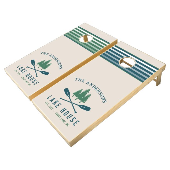 Family Lake House Modern Rustic Boat Oar Pine Tree Cornhole Set (Angled)