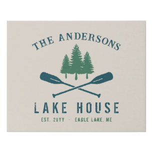 Family Lake House Modern Rustic Boat Oar Pine Tree Faux Canvas Print