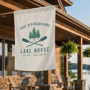 Family Lake House Modern Rustic Boat Oar Pine Tree Flag