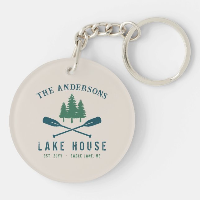 Family Lake House Modern Rustic Boat Oar Pine Tree Keychain (Back)