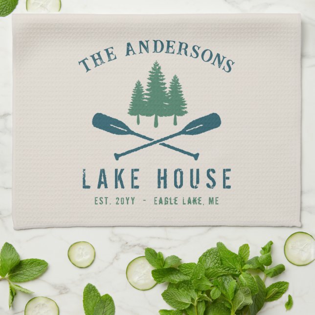 Family Lake House Modern Rustic Boat Oar Pine Tree Kitchen Towel (Folded)