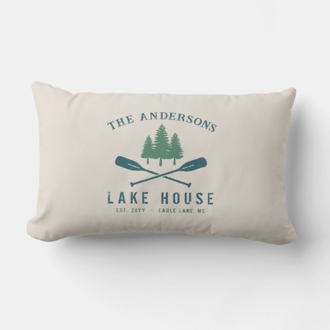 Family Lake House Modern Rustic Boat Oar Pine Tree Lumbar Pillow (Front)