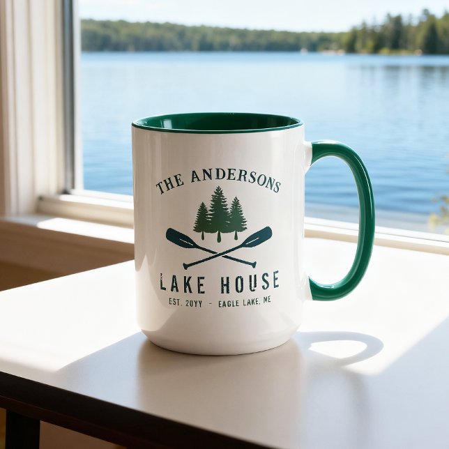 Family Lake House Modern Rustic Boat Oar Pine Tree Mug (Creator Uploaded)