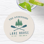 Family Lake House Modern Rustic Boat Oar Pine Tree Round Paper Coaster<br><div class="desc">Beautiful, modern rustic themed square paper coasters, featuring your family name and lake house, cabin, cottage or other desired text and its established date, all in rustic style typography. This unique, custom design features teal blue boat oars, paddles and pine trees in soft green. The designs cream base color is...</div>