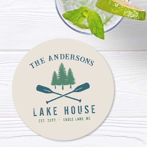 Family Lake House Modern Rustic Boat Oar Pine Tree Round Paper Coaster
