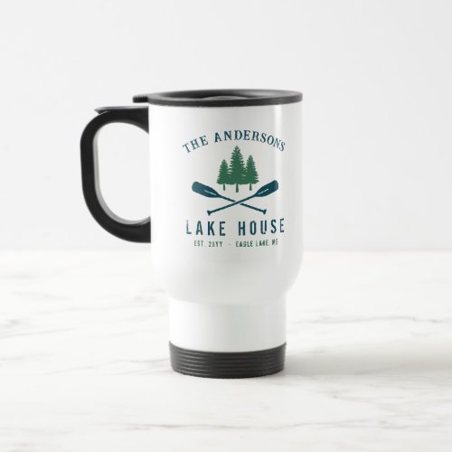 Family Lake House Modern Rustic Boat Oar Pine Tree Travel Mug