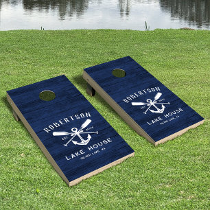 Family Lake House Nautical Navy Blue Anchor Oars Cornhole Set