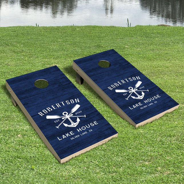 Family Lake House Nautical Navy Blue Anchor Oars Cornhole Set (Creator Uploaded)