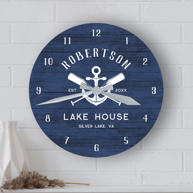 Family Lake House Nautical Navy Blue Anchor Oars Round Clock (Creator Uploaded)