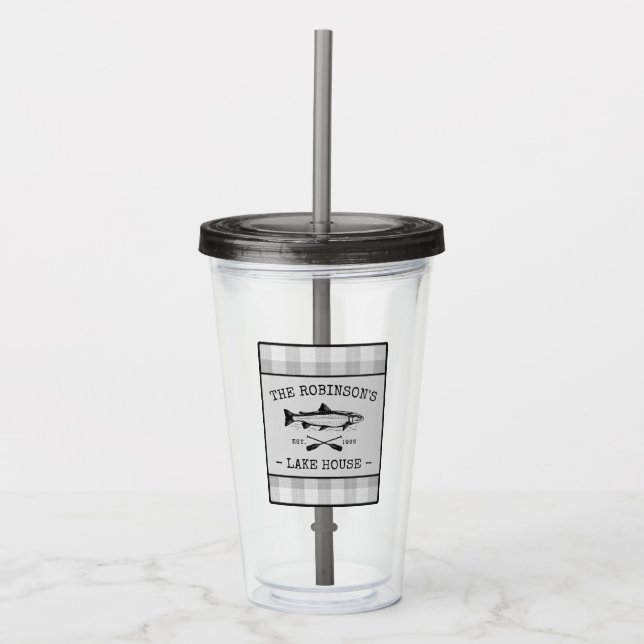 Family Lake House Oars Fish Rustic White Plaid Acrylic Tumbler (Front)