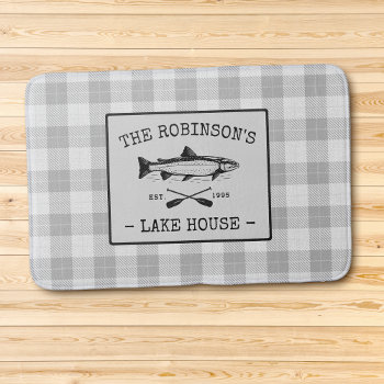 Family Lake House Oars Fish Rustic White Plaid Bath Mat by rustic_charm at Zazzle