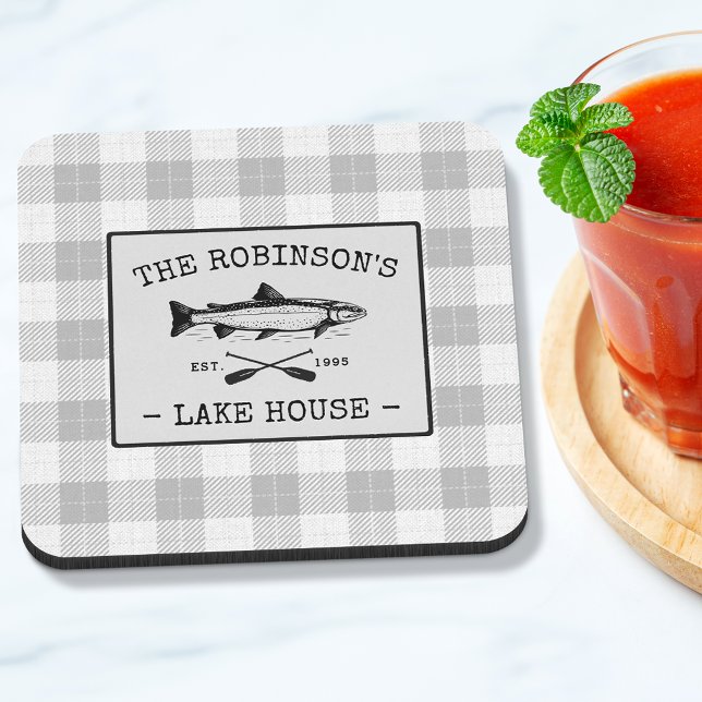 Family Lake House Oars Fish Rustic White Plaid Beverage Coaster (Creator Uploaded)