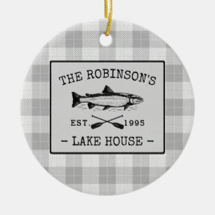Family Lake House Oars Fish Rustic White Plaid Ceramic Ornament