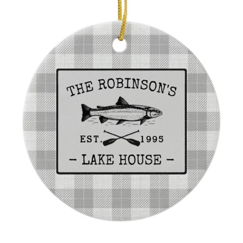 Family Lake House Oars Fish Rustic White Plaid Ceramic Ornament