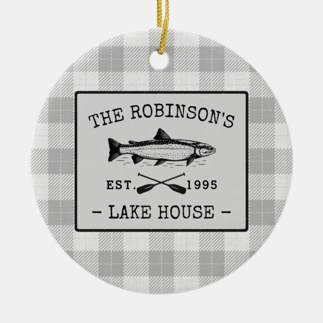 Family Lake House Oars Fish Rustic White Plaid Ceramic Ornament (Front)