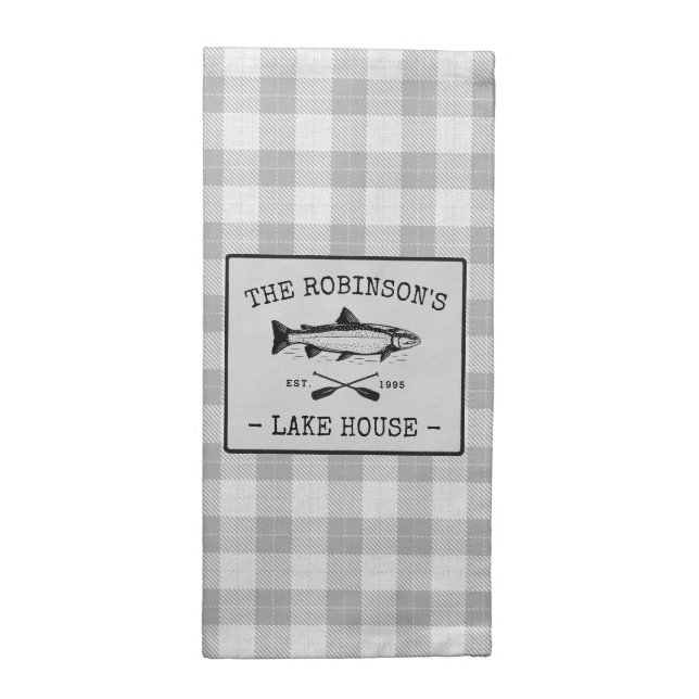 Family Lake House Oars Fish Rustic White Plaid Cloth Napkin (Half Fold)