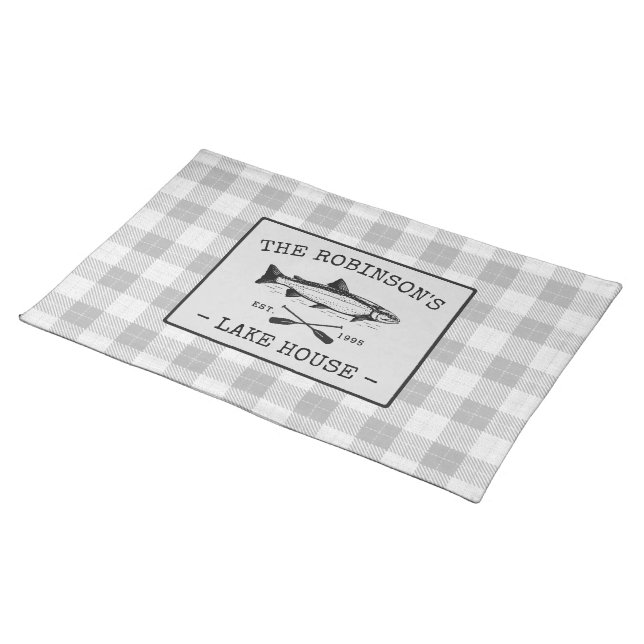 Family Lake House Oars Fish Rustic White Plaid Cloth Placemat (On Table)