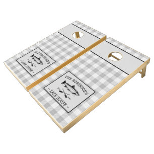 Family Lake House Oars Fish Rustic White Plaid Cornhole Set