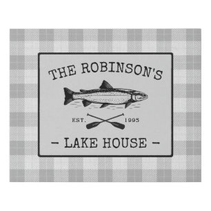 Family Lake House Oars Fish Rustic White Plaid Faux Canvas Print