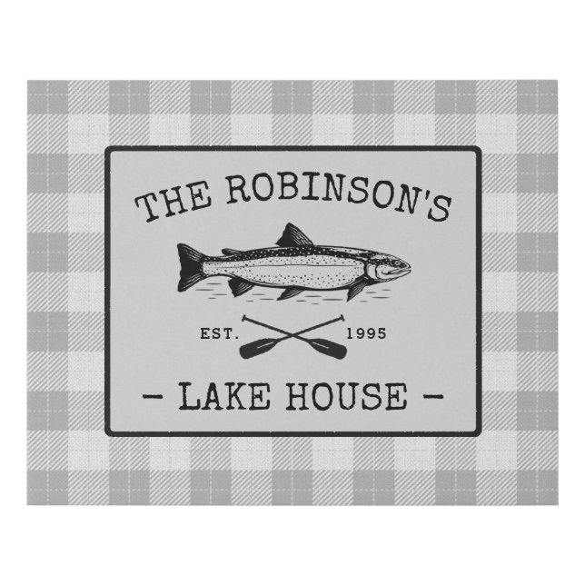 Family Lake House Oars Fish Rustic White Plaid Faux Canvas Print (Front)