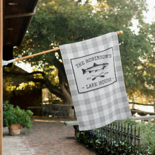 Family Lake House Oars Fish Rustic White Plaid Flag