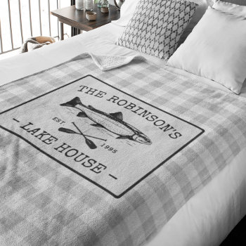 Family Lake House Oars Fish Rustic White Plaid Fleece Blanket by rustic_charm at Zazzle