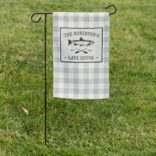Family Lake House Oars Fish Rustic White Plaid Garden Flag