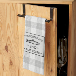 Family Lake House Oars Fish Rustic White Plaid Kitchen Towel