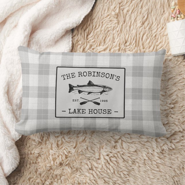 Family Lake House Oars Fish Rustic White Plaid Lumbar Pillow (Blanket)