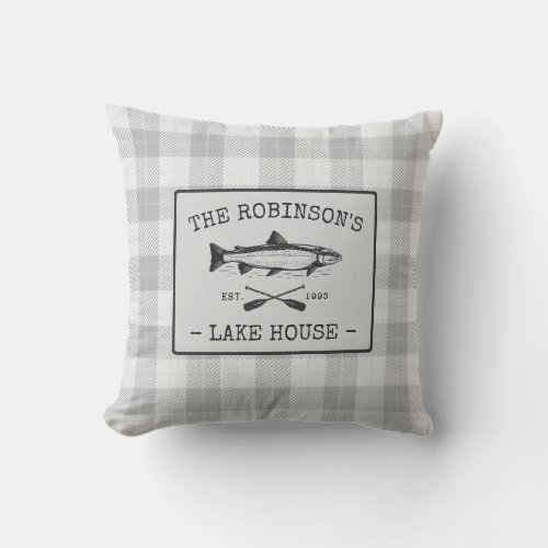 Family Lake House Oars Fish Rustic White Plaid Outdoor Pillow