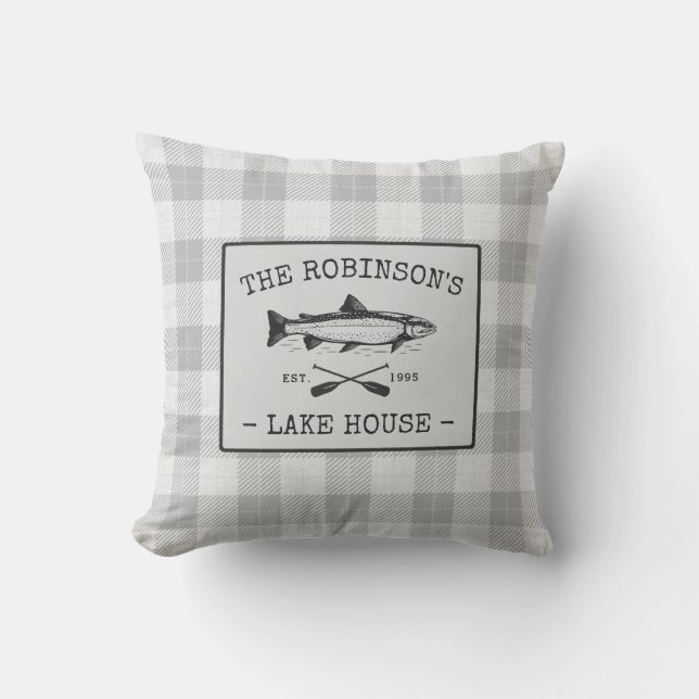 Family Lake House Oars Fish Rustic White Plaid Outdoor Pillow (Front)