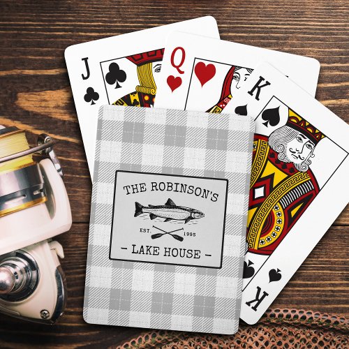 Family Lake House Oars Fish Rustic White Plaid Playing Cards
