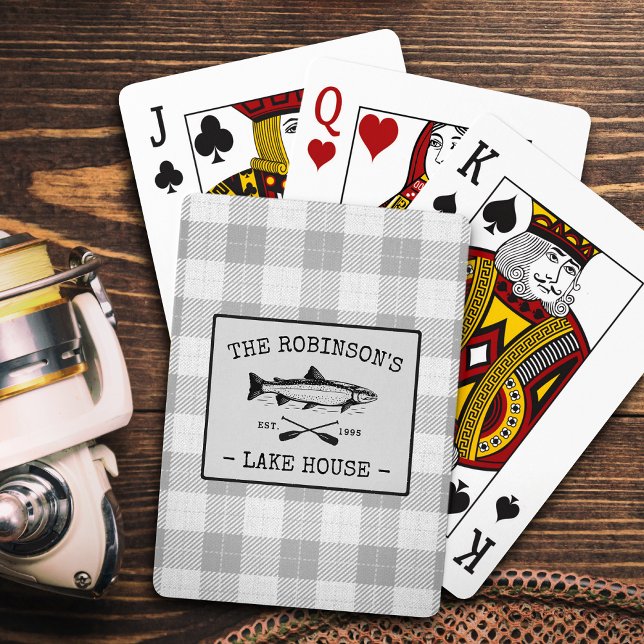 Family Lake House Oars Fish Rustic White Plaid Poker Cards (Creator Uploaded)