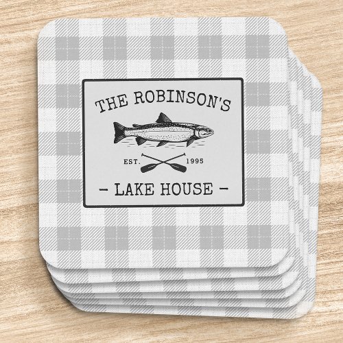 Family Lake House Oars Fish Rustic White Plaid Square Paper Coaster