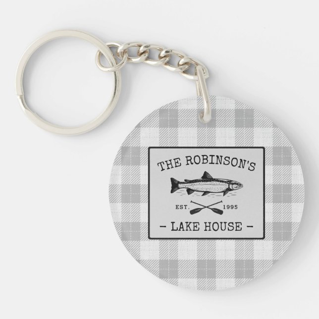 Family Lake House Oars Fish White Plaid 2 sided Keychain (Front)